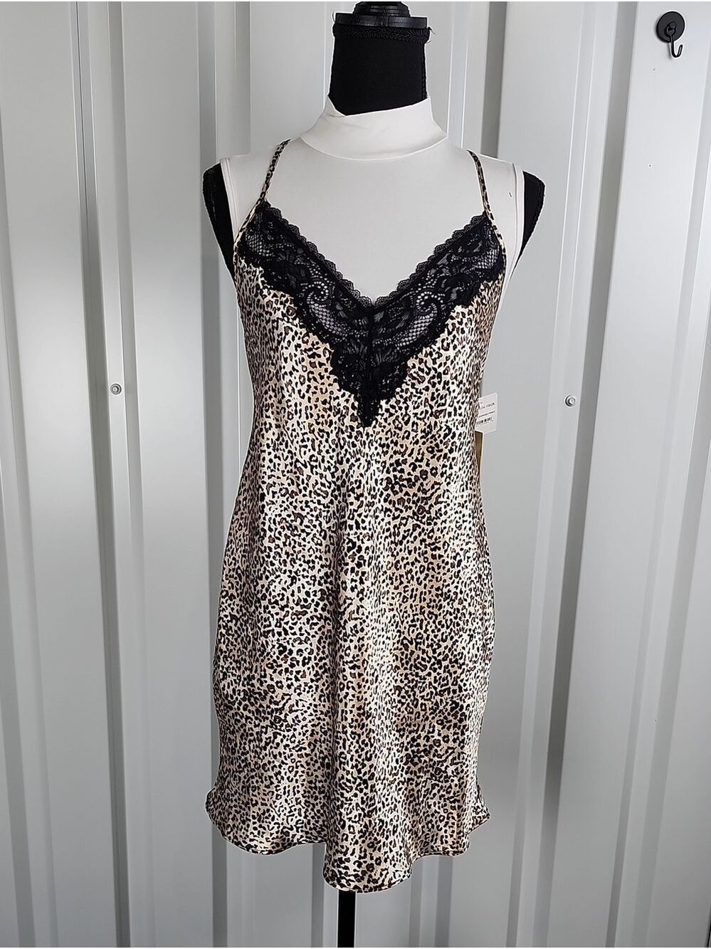 In Bloom Womens Leopard Print Satin Lace Trim Chemise Black Brown Small NWT Slip